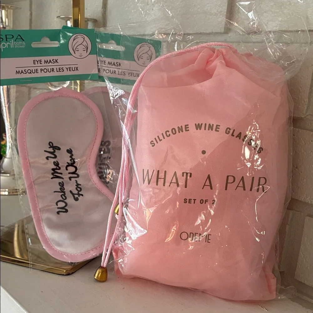 Pink Silicone Wine Glass and Eye Mask Set